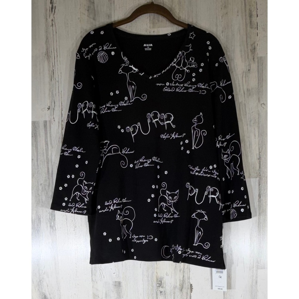 Alia Cat‎ Print V-Neck 3/4 Sleeve Top Large Black Purr Novelty Cotton Whimsical